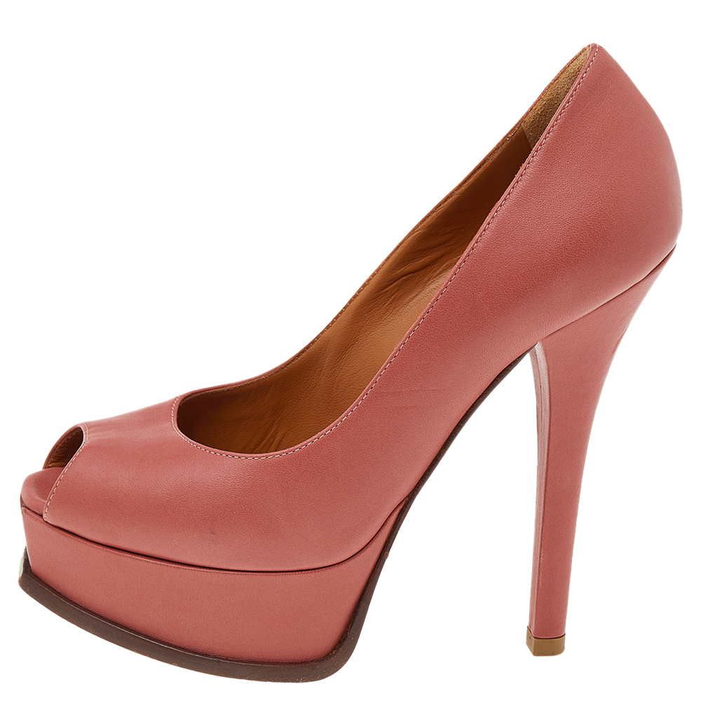 

Fendi Coral Pink Leather Fendista Peep Toe Platform Pumps Size
