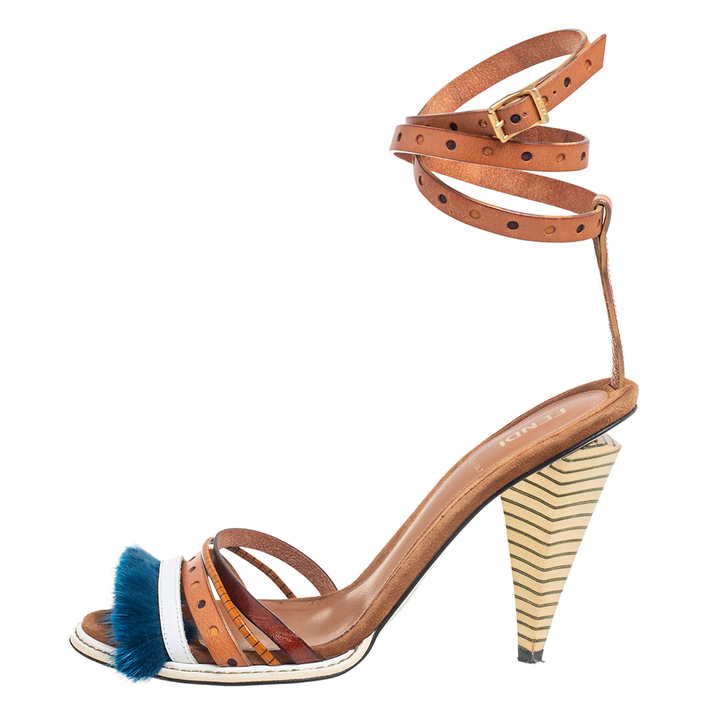 

Fendi Tricolor Leather and Fur Trim Ankle Strap Sandals Size, Multicolor