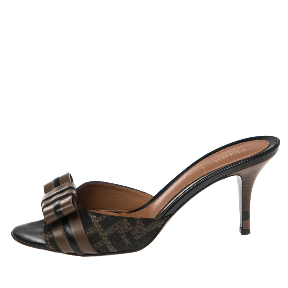 

Fendi Tobacco Zucca Canvas and Leather Bow Side Sandals Size, Brown