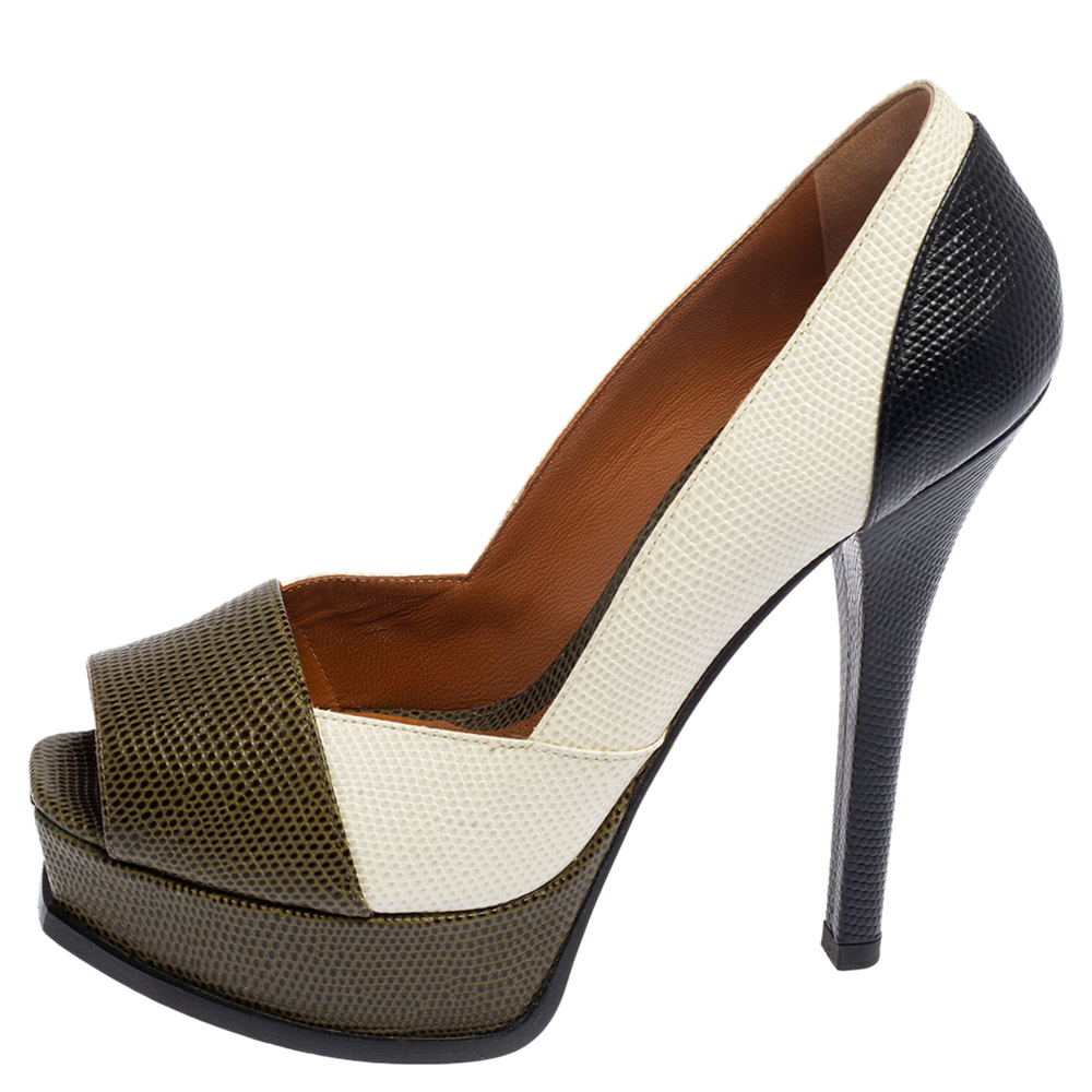 

Fendi White-Green Lizard Leather Fendista Peep Toe Platform Pumps Size