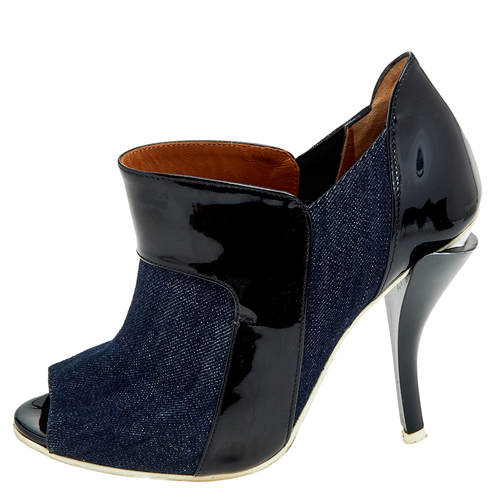 Fendi Blue/Black Denim And Patent Leather Peep Toe Booties Size