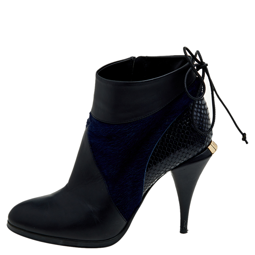

Fendi Black-Blue Leather, Python Embossed Leather, And Fur Ankle Length Boots Size