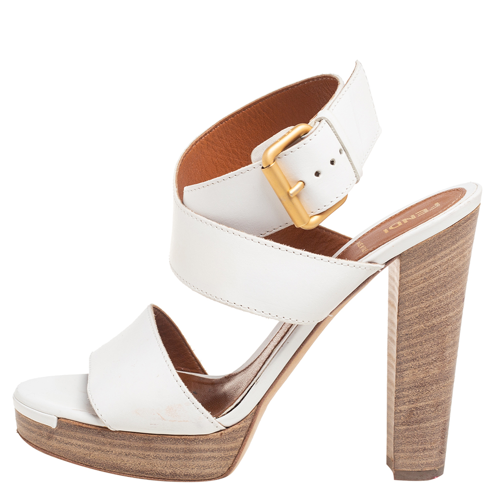 

Fendi White Leather Cross Ankle Strap Platform Sandals Size