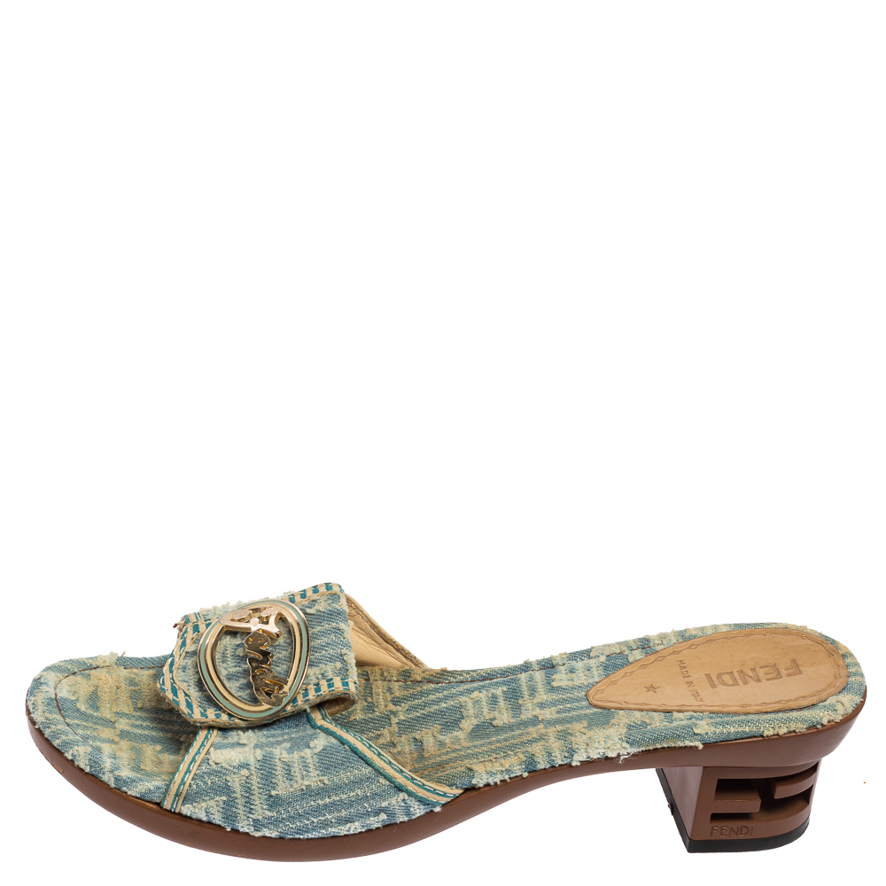 

Fendi Blue Denim Block Heel Slide Sandals Size