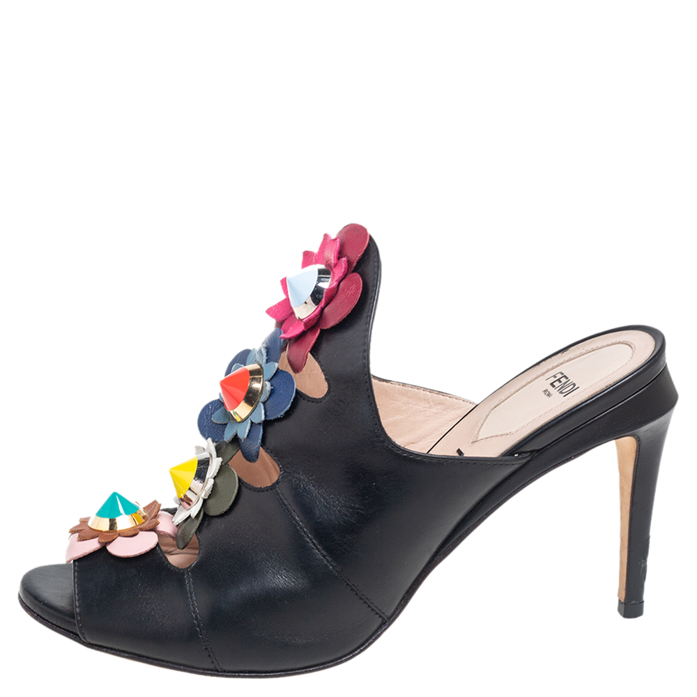 

Fendi Black Leather Floral Appliqué Mule Open Toe Sandals Size