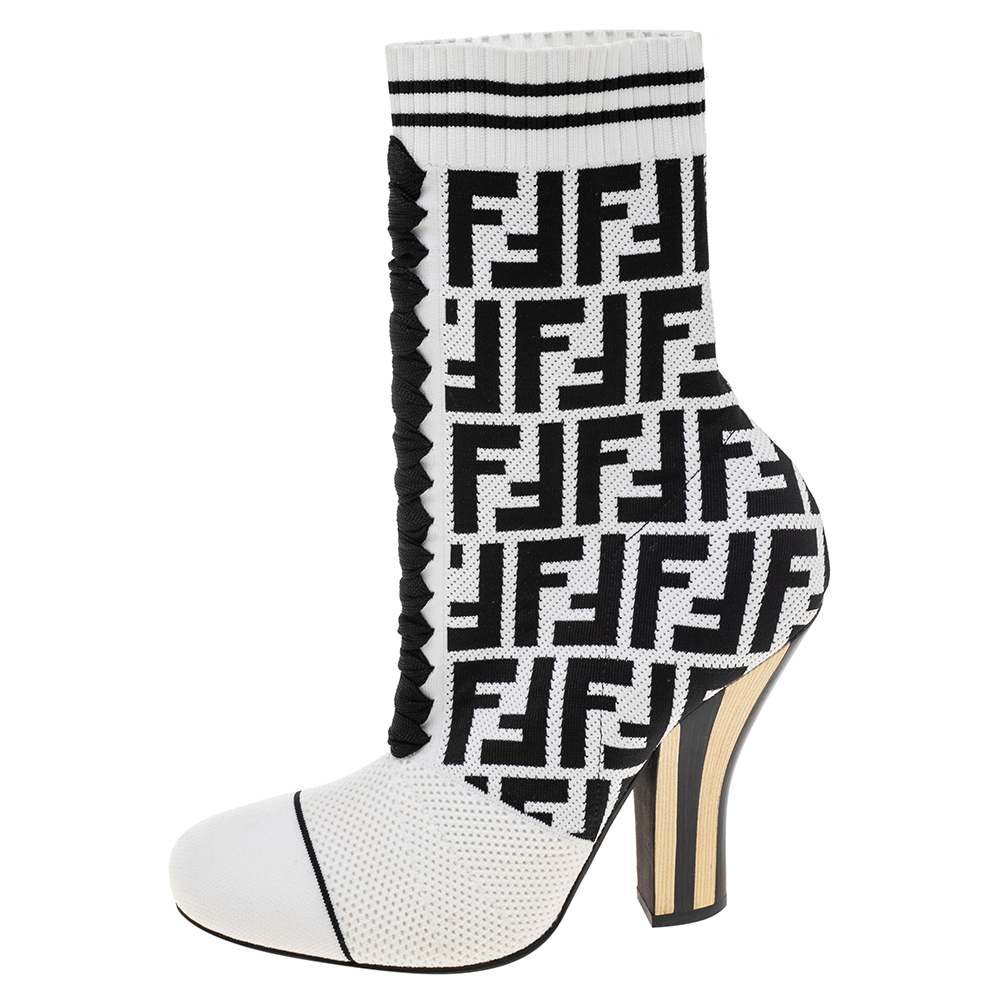 

Fendi White/Black FF Knit Fabric Sock Boots Size