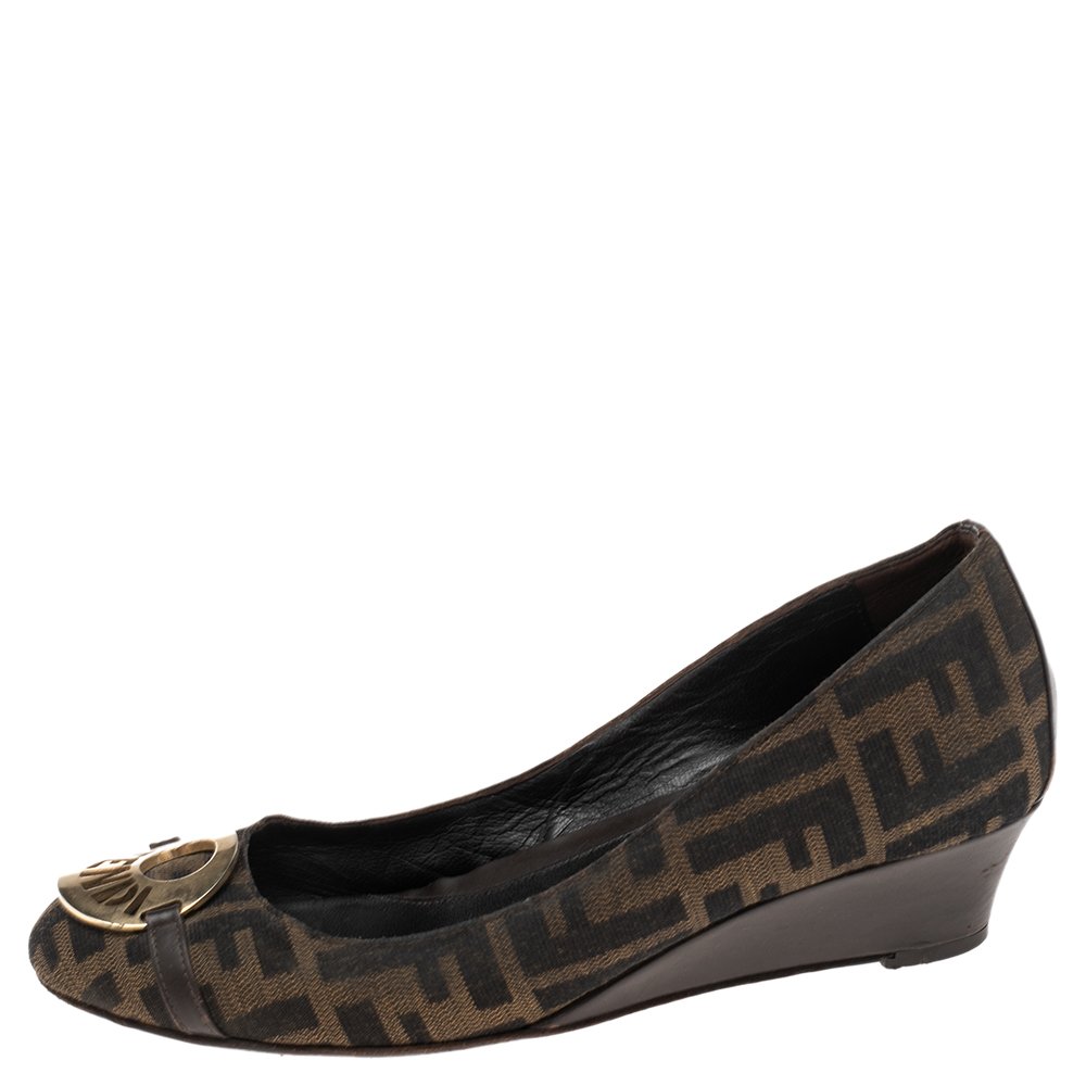 

Fendi Brown Zucca Canvas And Leather Wedge Pumps Size