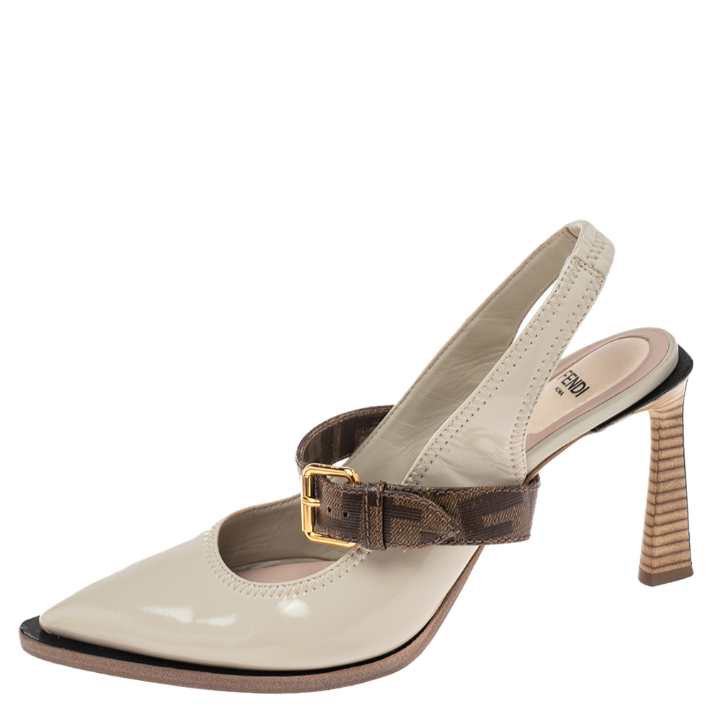 

Fendi Grey Patent Leather And Canvas Slingback Sandals Size