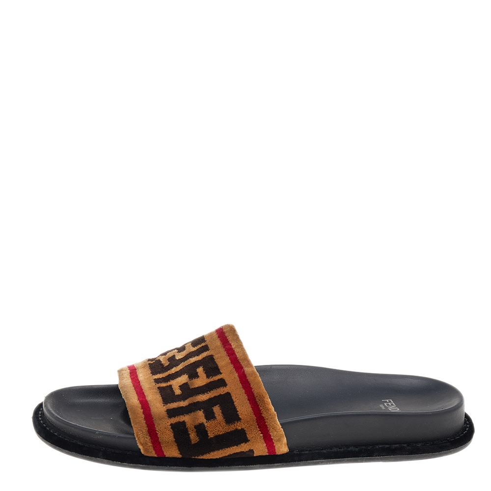 

Fendi Brown Zucca Velvet Flat Slide Sandals Size