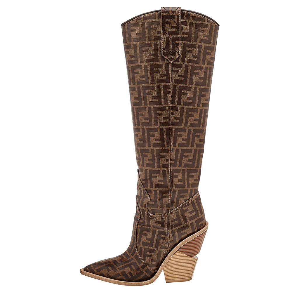 

Fendi Brown FF Zucca Coated Canvas Knee Length Wooden Heel Boots Size