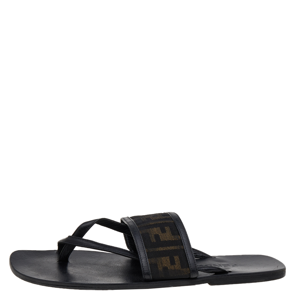 

Fendi Black Zucca Canvas And Leather Flat Sandals Size