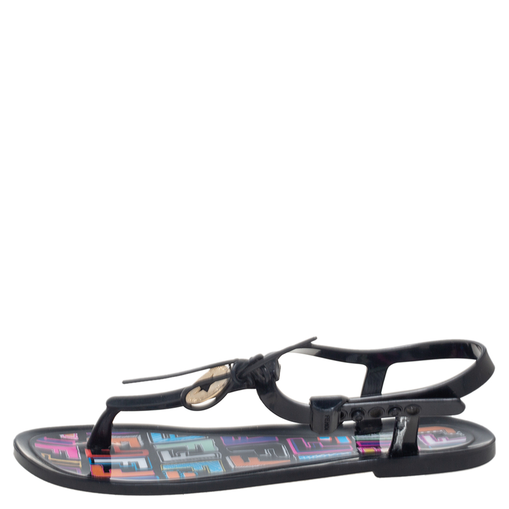 

Fendi Black Jelly Logo Charm Sunny Flat Sandals Size