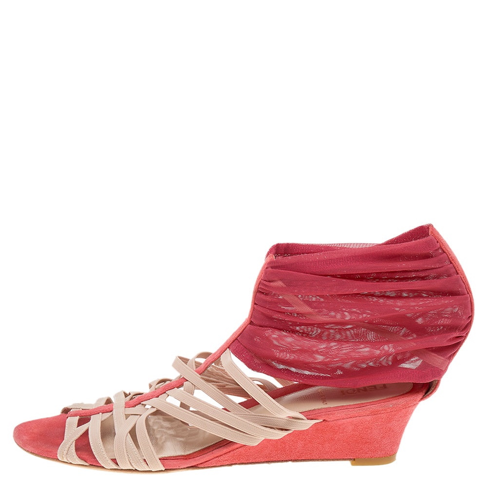 

Fendi Coral Orange/Beige Mesh and Suede Crisscross Wedge Sandals Size