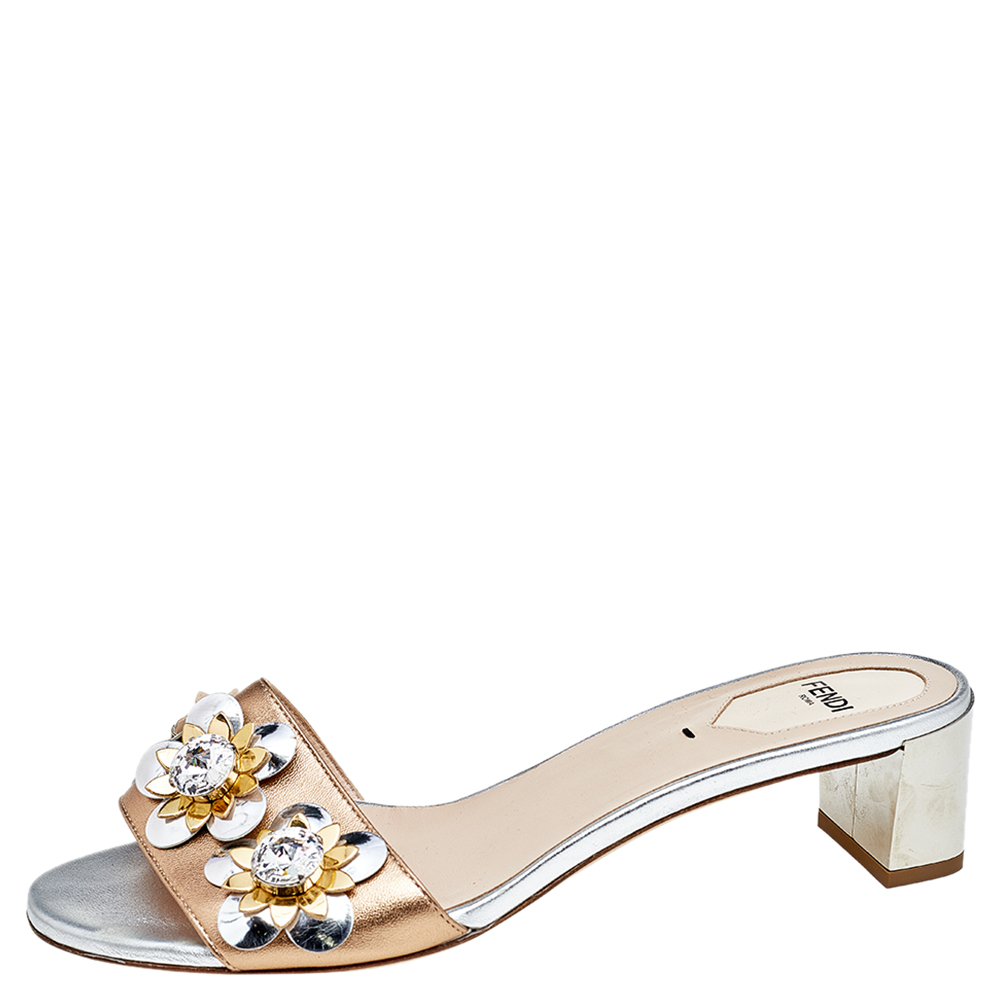 

Fendi Metallic Bronze/Silver Leather Flowerland Sandals Size, Brown