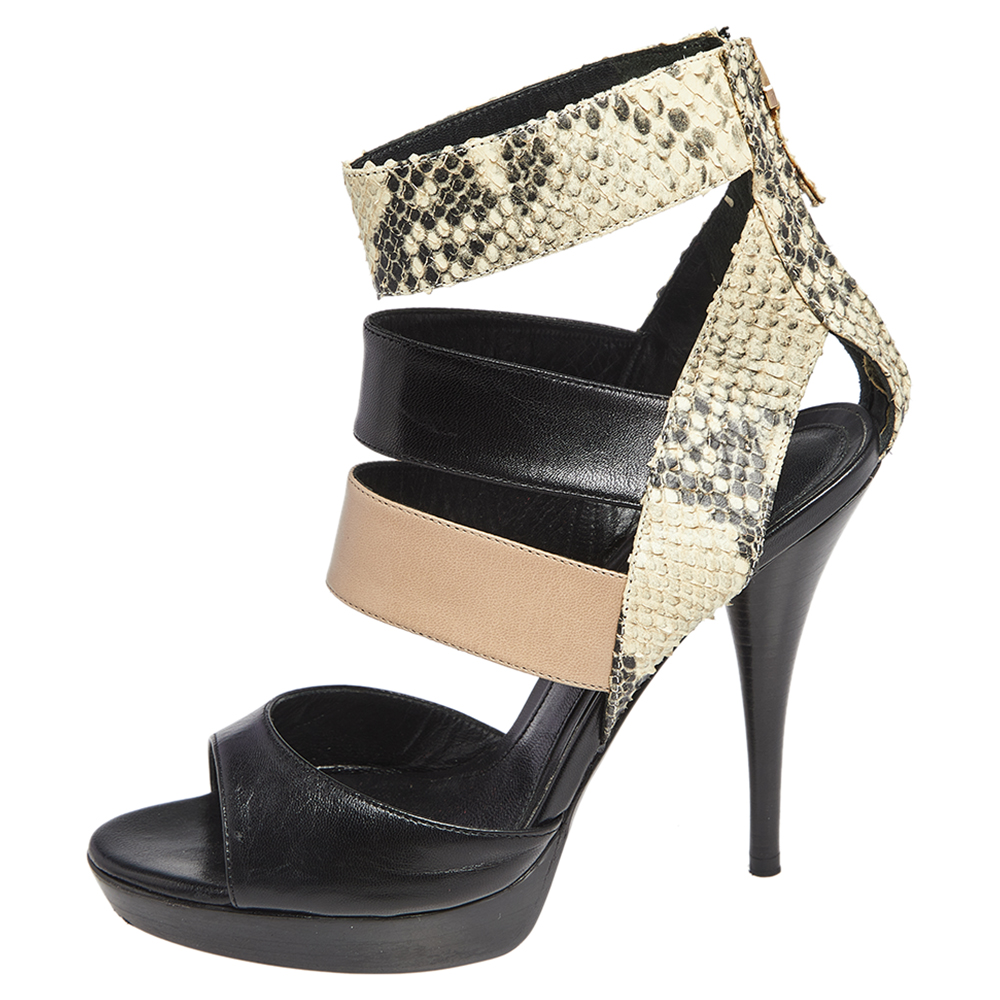 

Fendi Beige/Black Python Leather And Leather Strappy Sandals Size