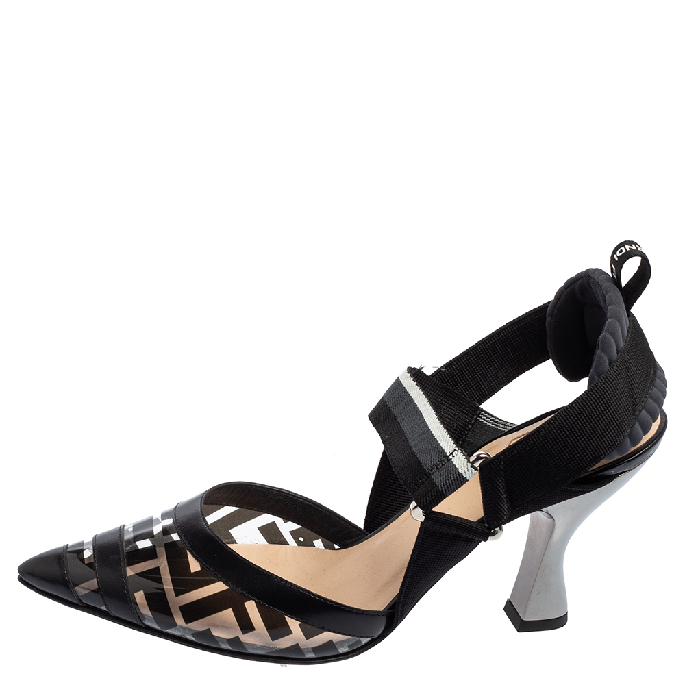 

Fendi Black/Grey PVC, Leather and Fabric Colibri Slingback Pumps Size