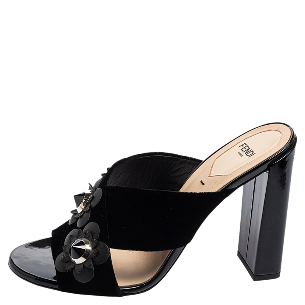 

Fendi Black Velvet Flowerland Mule Sandals Size