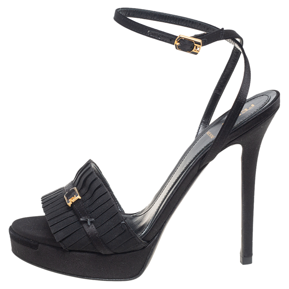 

Fendi Black Canvas And Satin Ankle Strap Platform Sandals Size