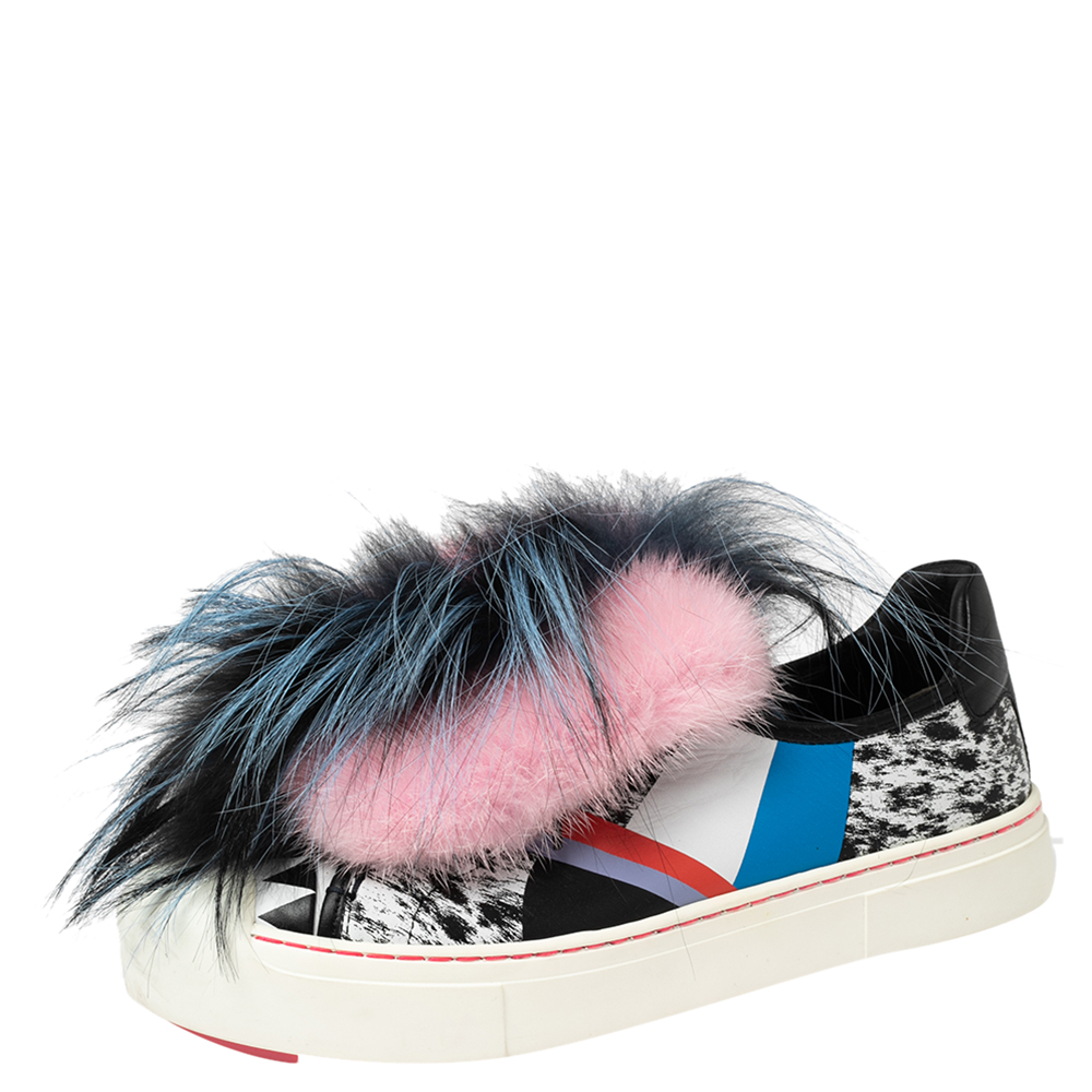 

Fendi Multicolor Printed Leather Faux Fur Flynn Low-Top Sneakers Size