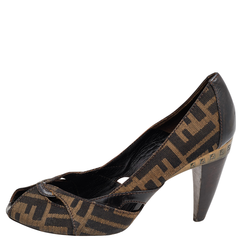 

Fendi Brown Zucca Canvas Peep Toe Pumps Size