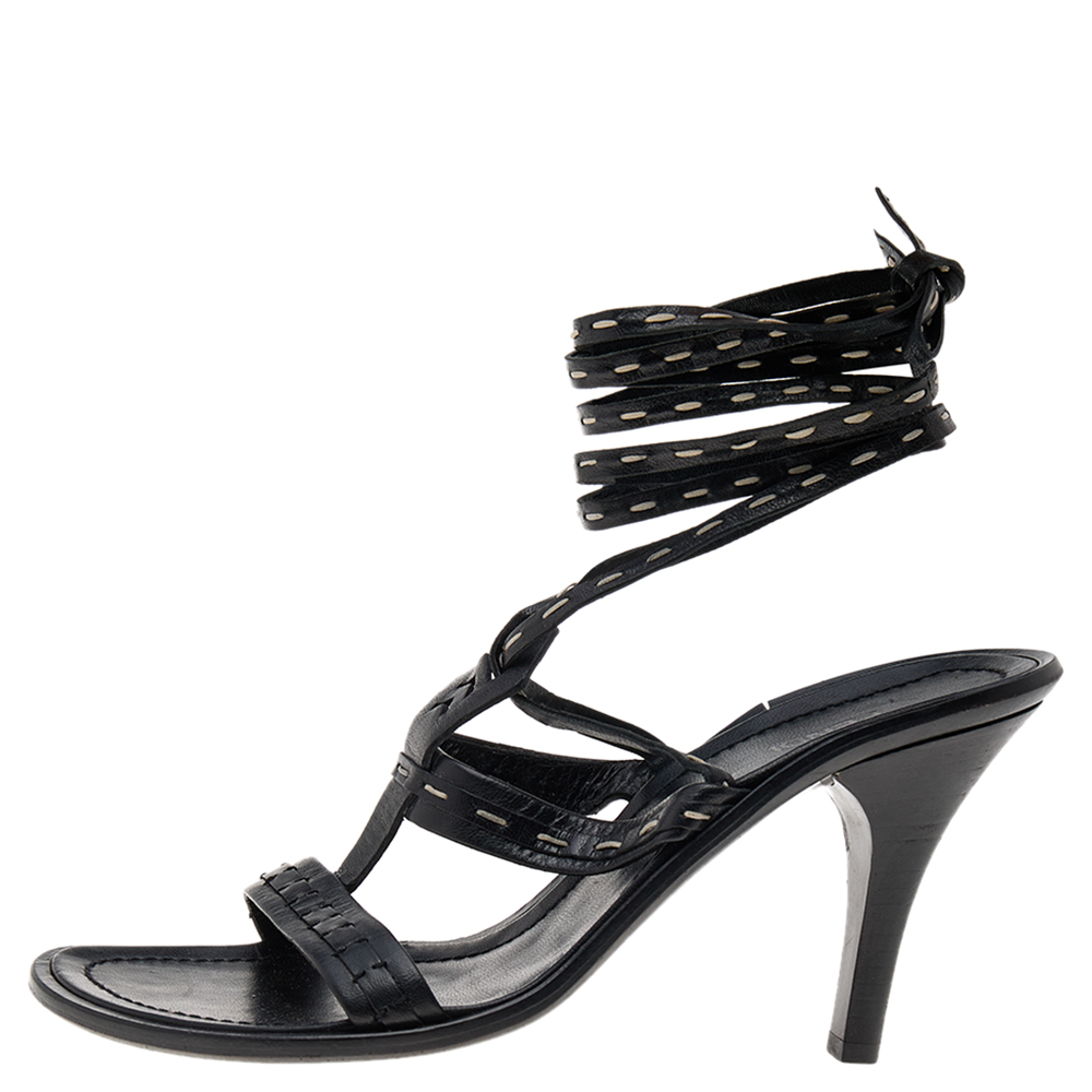 

Fendi Black Leather Lace Wrap Sandals Size