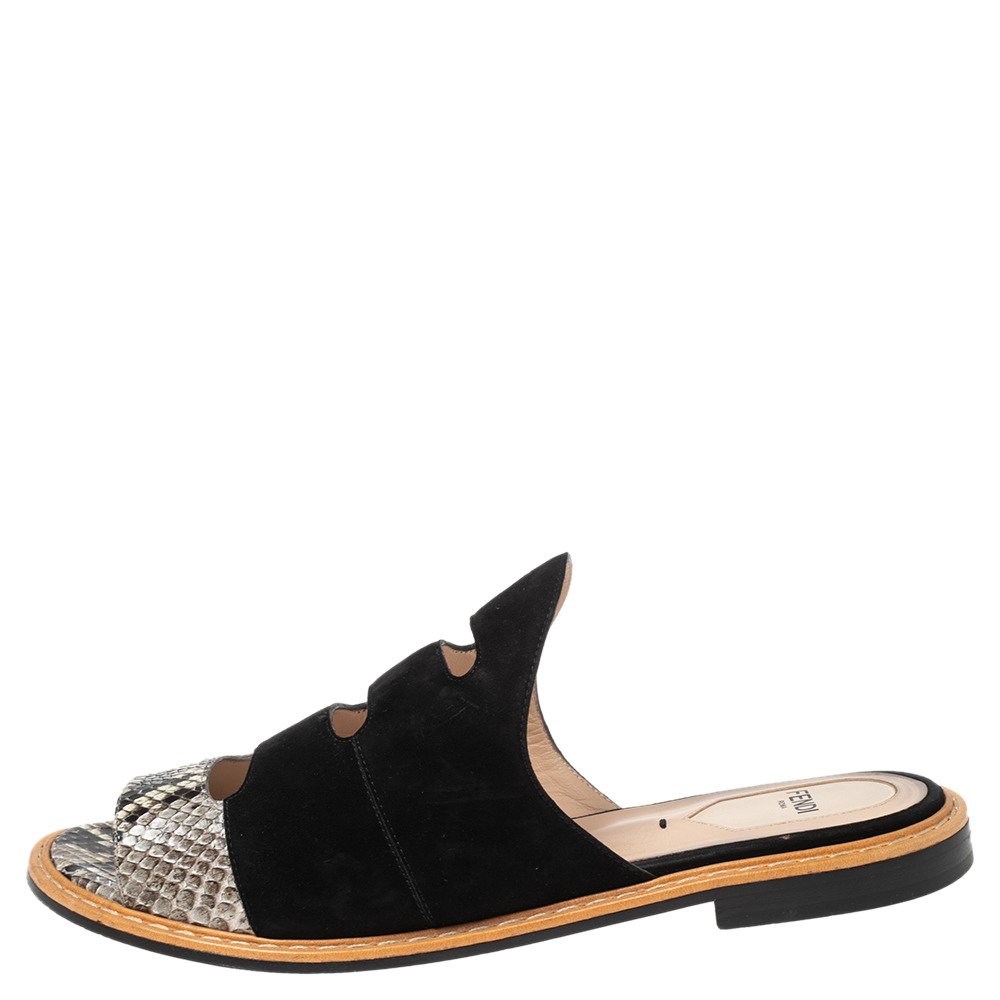 

Fendi Black Suede And Python Cut Out Flat Slides Size