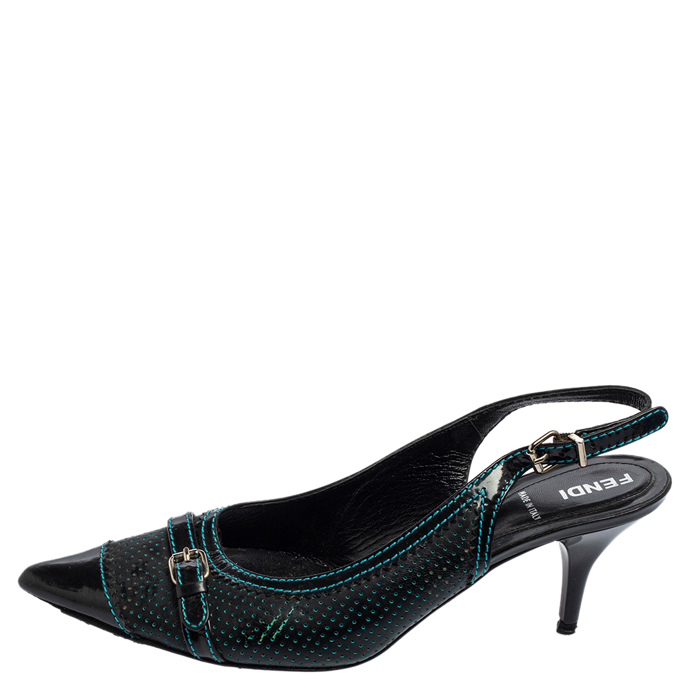 

Fendi Black Perforated Leather Buckle Detail Pointed-Toe Slingback Pumps Size