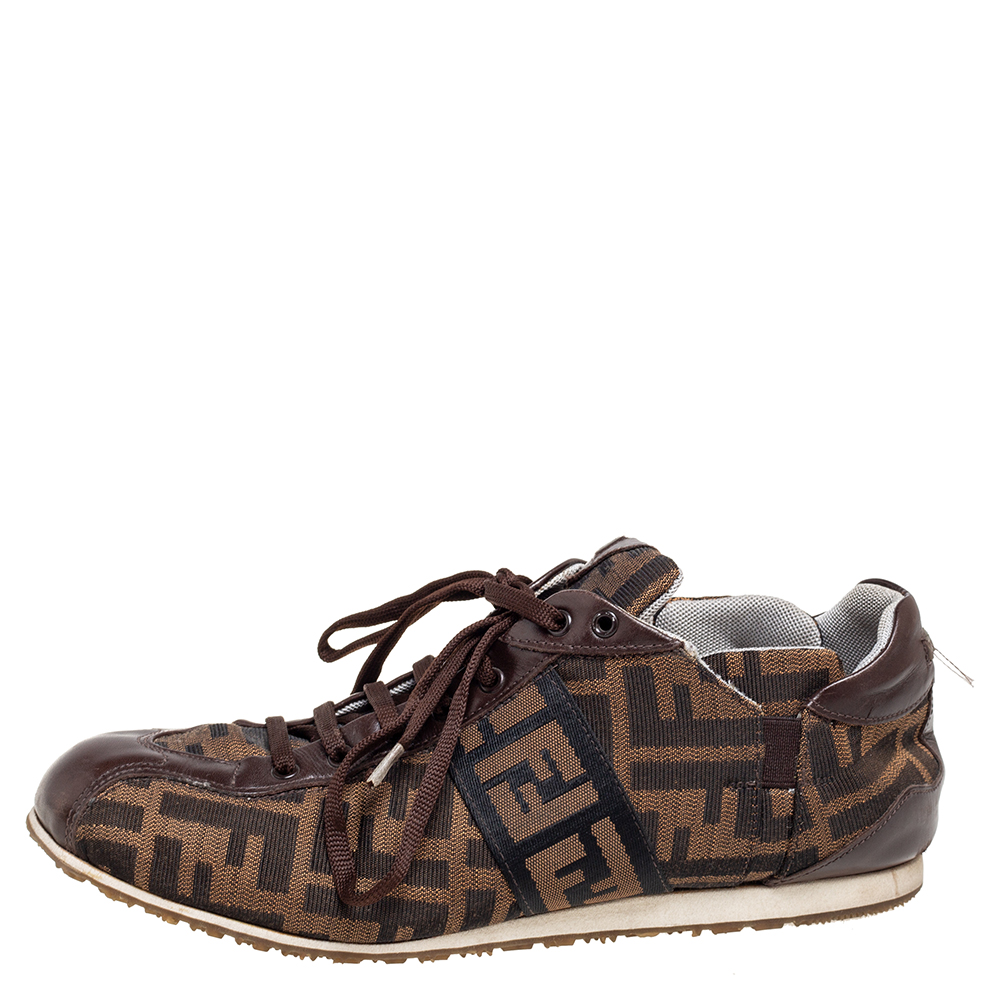 

Fendi Brown Zucca Canvas and Leather Trim Low-Top Sneakers Size