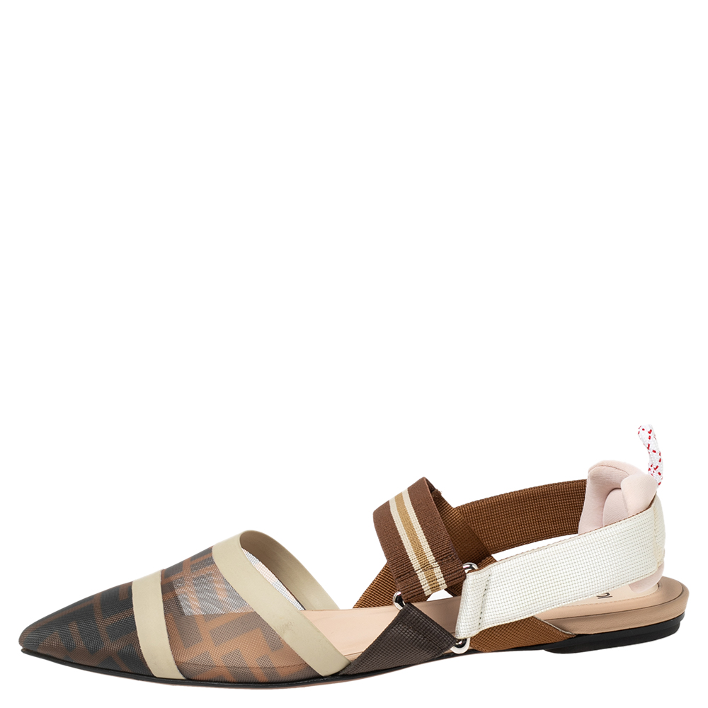 

Fendi Brown/Black FF Mesh And Canvas Colibri Slingback Flat Sandals Size