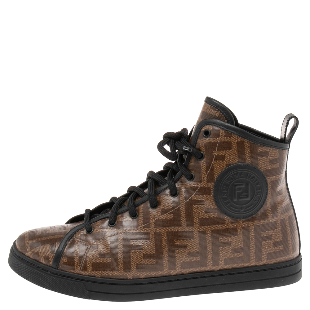 

Fendi Brown Zucca Coated Canvas Lace-up High-Top Sneakers size