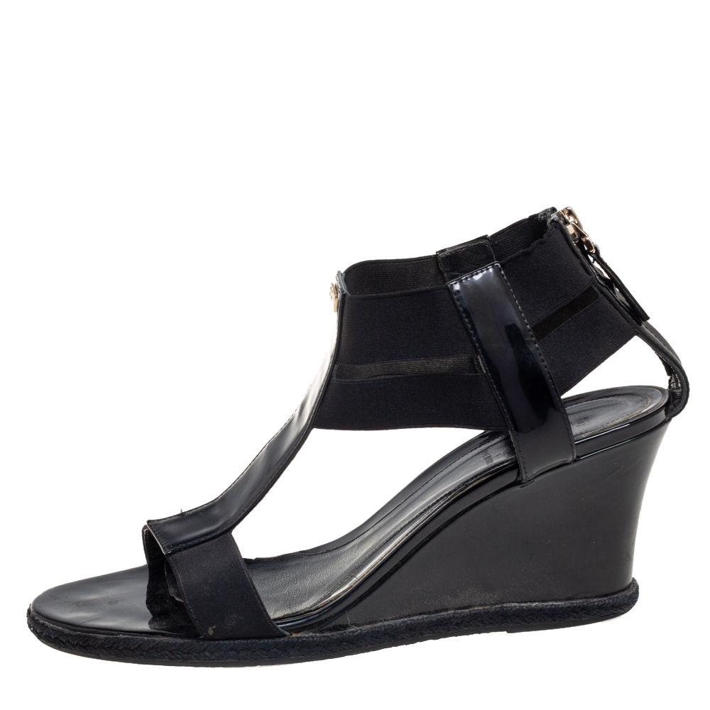 

Fendi Black Elastic And Patent Leather Espadrille Wedge T-Strap Sandals Size