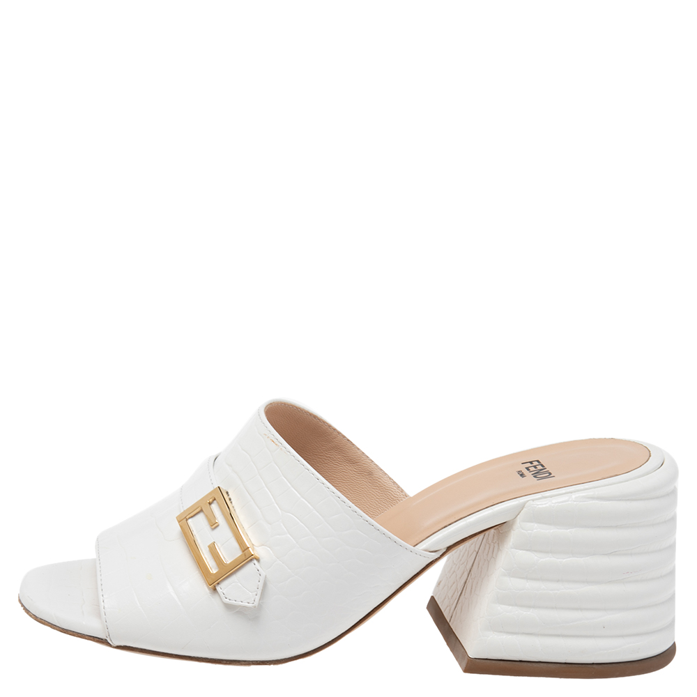 

Fendi White Croc Embossed Leather Block Heel Mules Sandals Size
