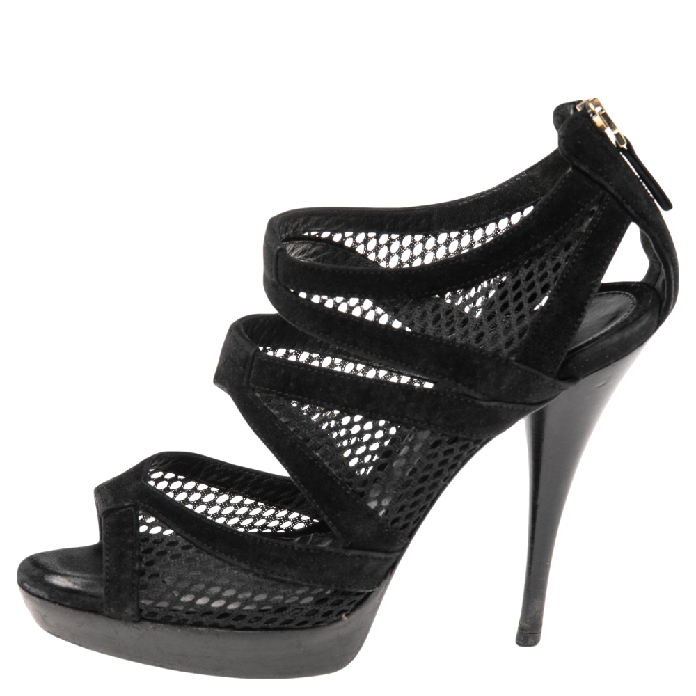 

Fendi Black Suede And Mesh Cage Open-Toe Platform Sandals Size