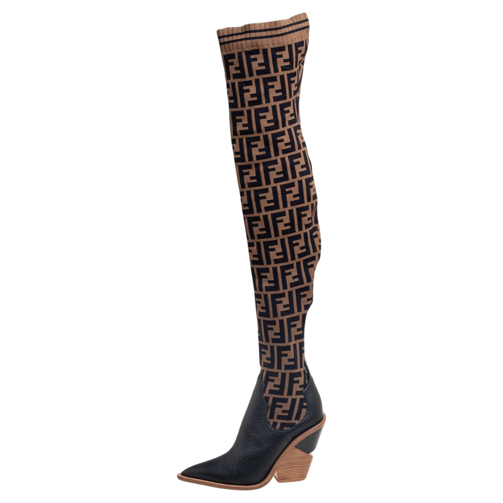 

Fendi Brown/Black FF Zucca Canvas And Leather Knee Length Boots Size