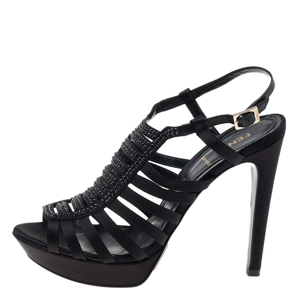 

Fendi Black Satin Crystal Embellished Slingback Platform Sandals Size