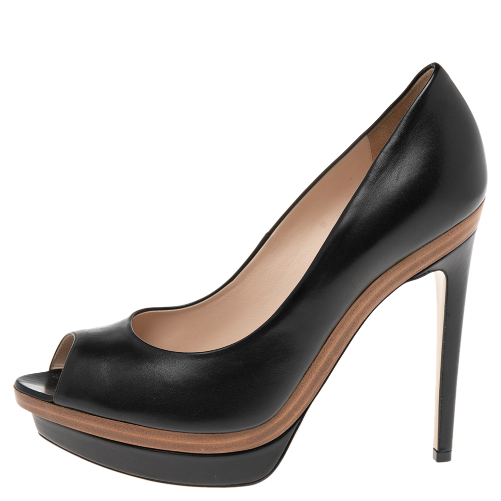 

Fendi Coral Black Leather Fendista Peep Toe Platform Pumps Size