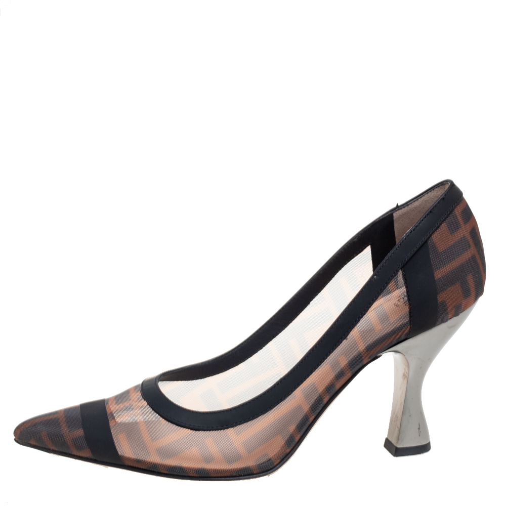 

Fendi Brown/Black Zucca Mesh and Leather Colibri Pumps Size