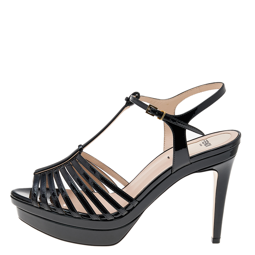 

Fendi Black Patent Leather T-Strap Platform Sandals Size