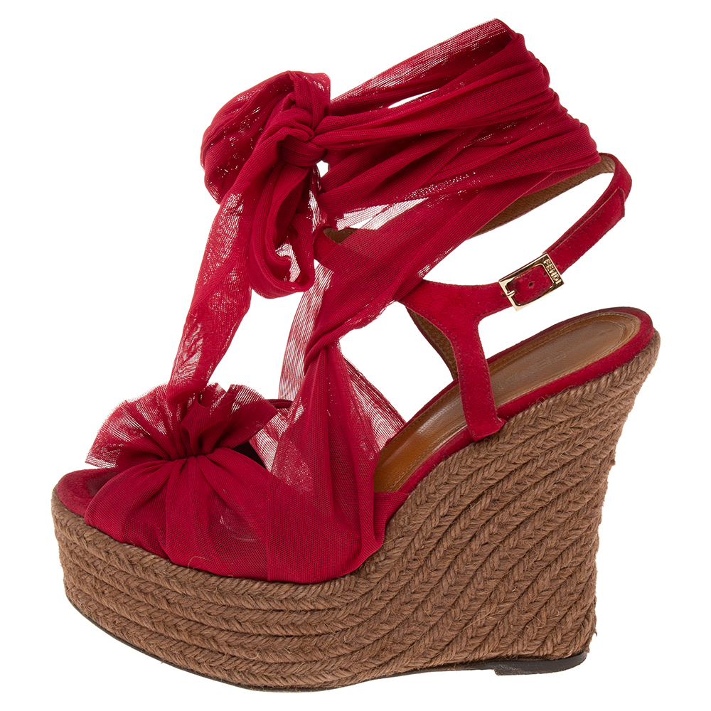 

Fendi Red Tulle And Suede Wedge Ankle Wrap Platform Espadrille Sandals Size