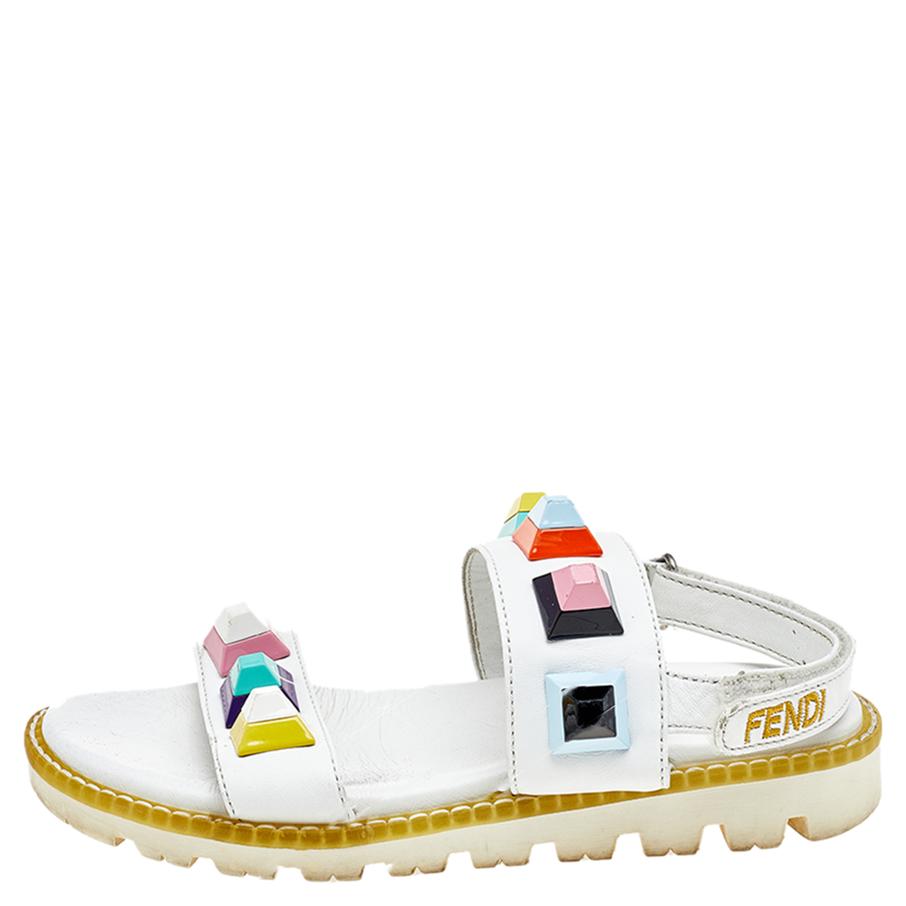 

Fendi White Leather Fantasia Studded Flat Sandals Size