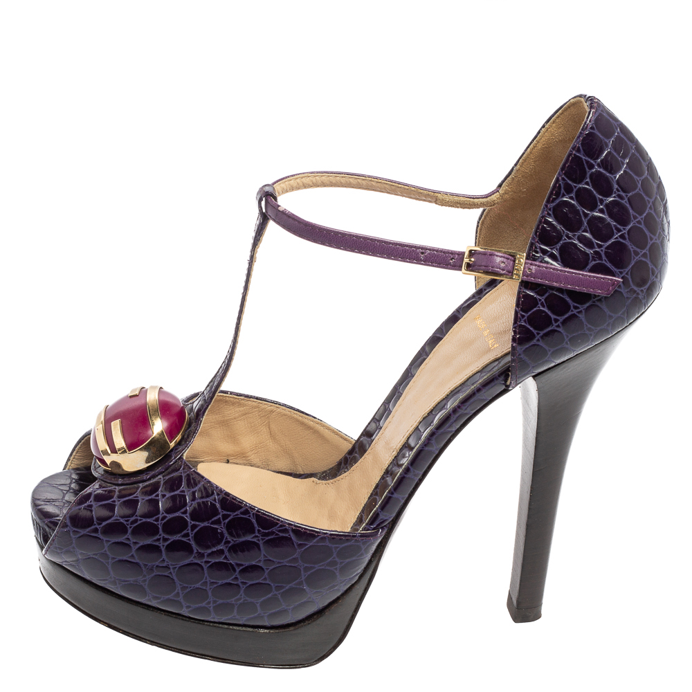 

Fendi Purple Croc Embossed Leather T Strap Platform Sandals Size