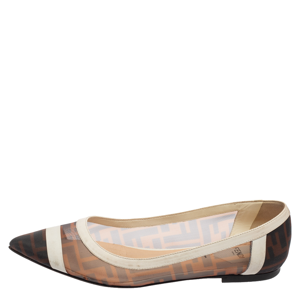 

Fendi Brown/White Zucca Mesh and Leather Ballet Flats Size