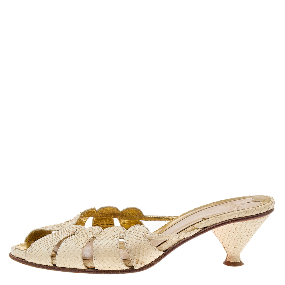 

Fendi Cream Python Slide Sandals Size