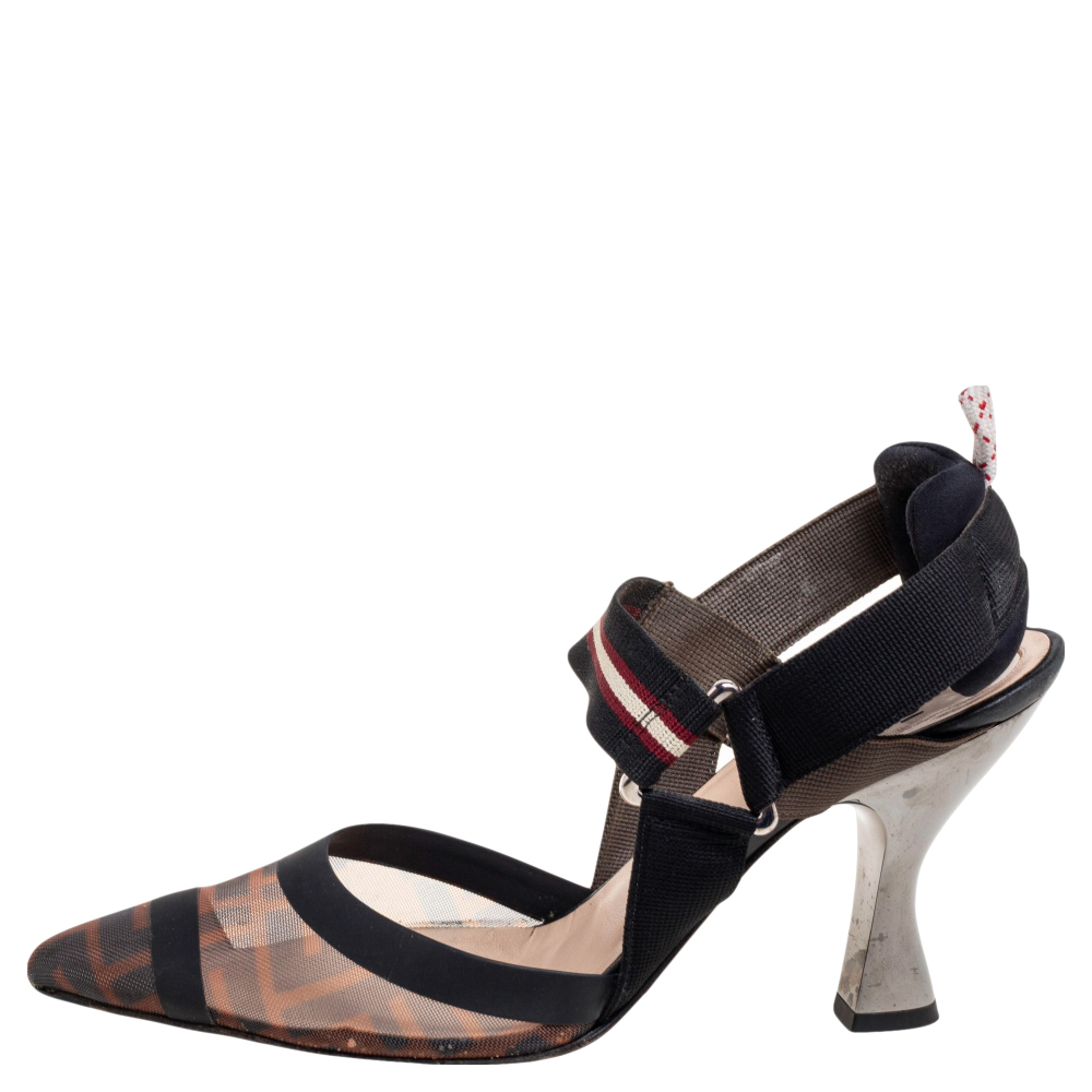 

Fendi Black/Tobacco Zucca Mesh and Fabric Colibrì Slingback Pumps Size