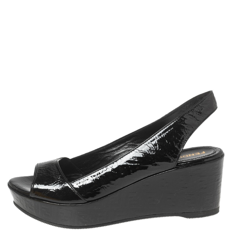 

Fendi Black Crinkled Patent Leather FF Wedge Slingback Sandals Size