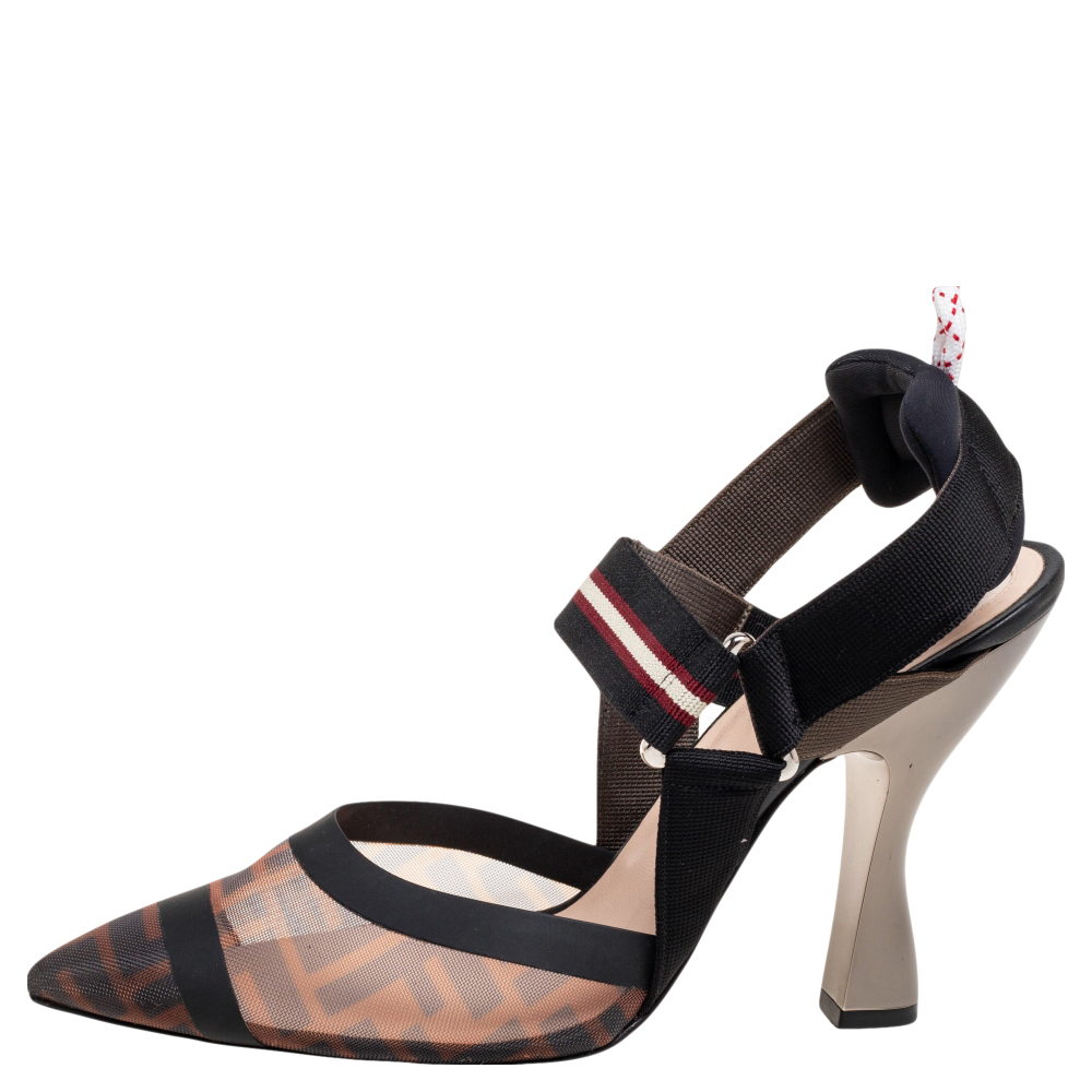 

Fendi Brown/Black Zucca Mesh And Leather Colibri Slingback Sandals Size