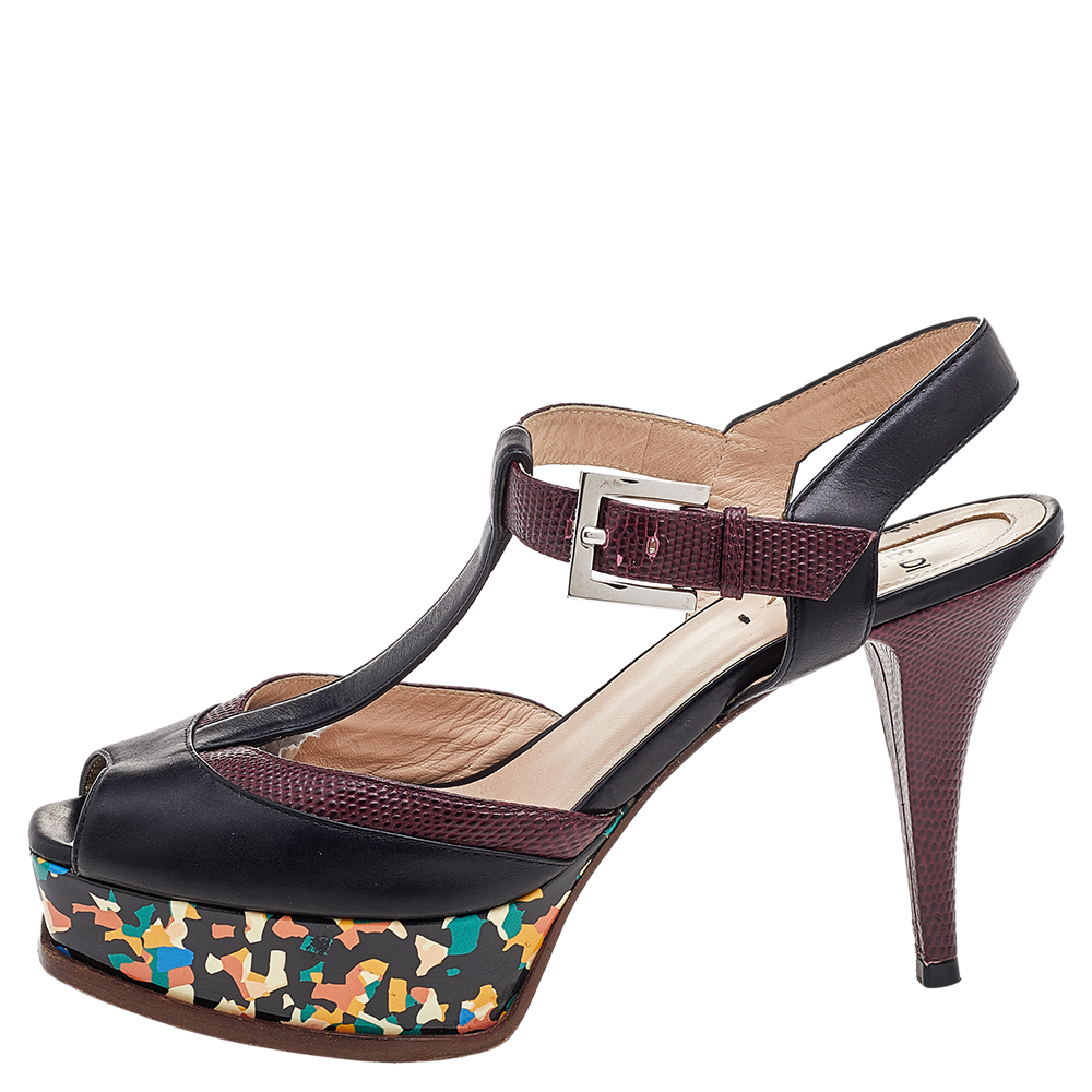 

Fendi Black/Burgundy Lizard Embossed And Leather Fendista Platform Sandals Size