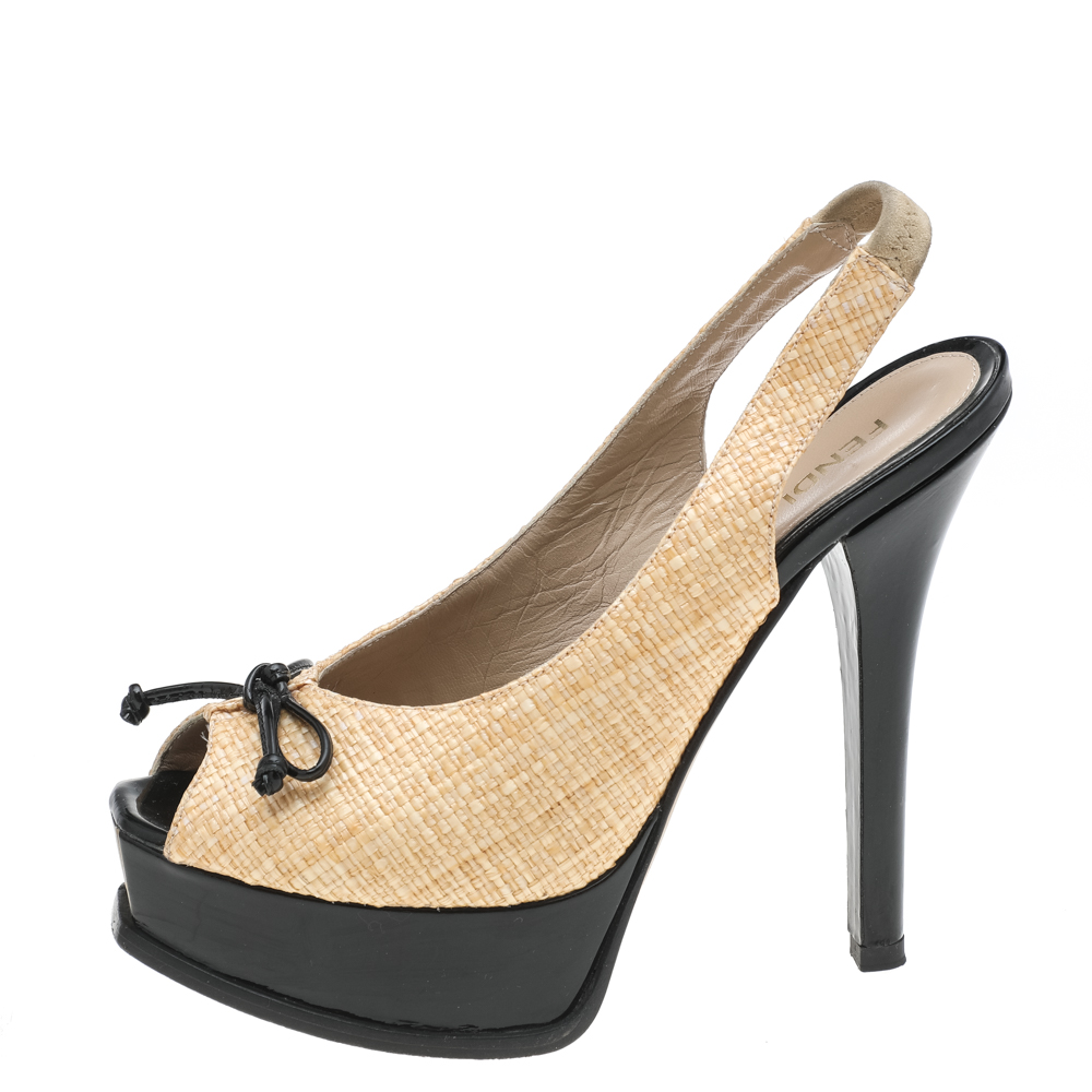 

Fendi Beige Woven Raffia Fendista Bow Platform Slingback Sandals Size