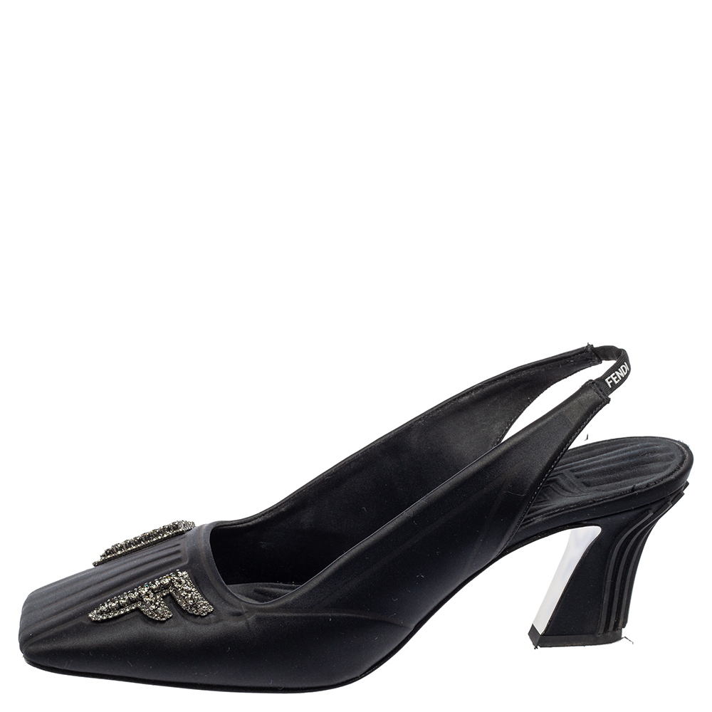 

Fendi Black Satin Freedom Embellished F Slingback Square-Toe Pumps Size