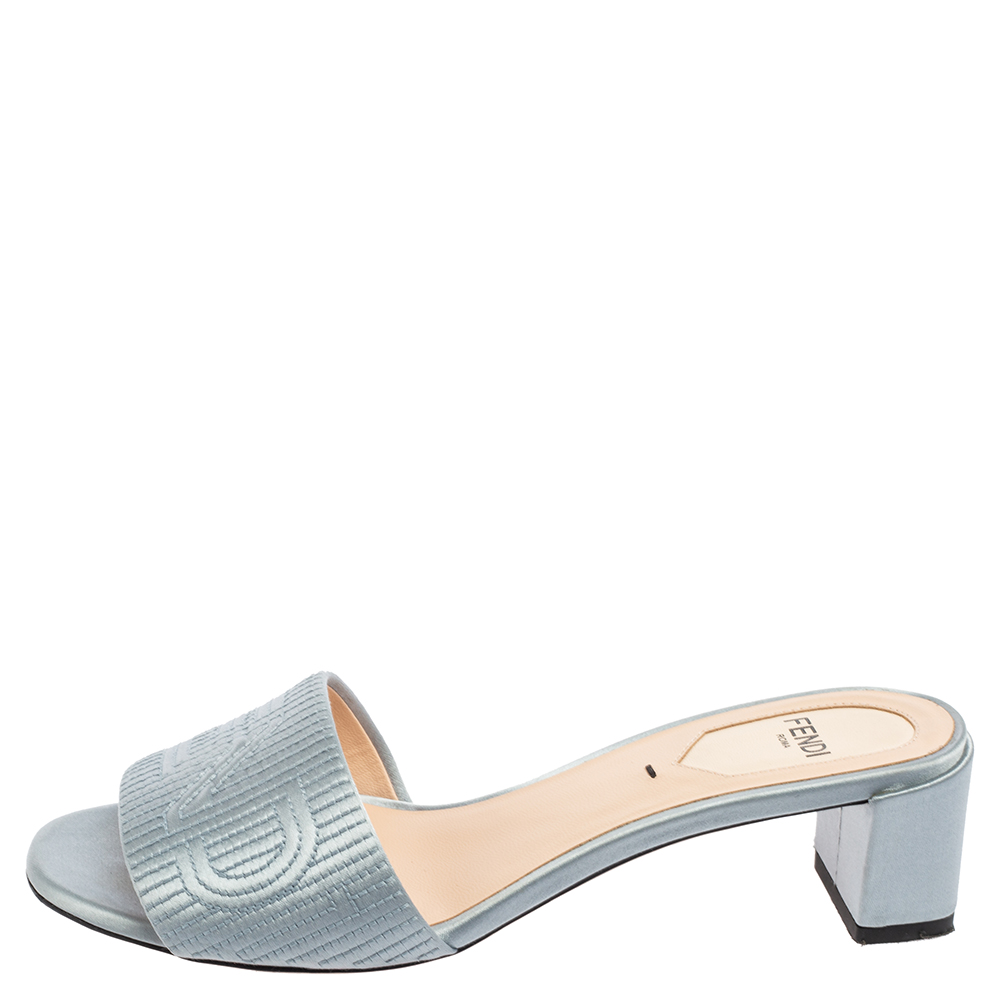 

Fendi Blue Satin Logo Embroidered Block Heel Slides Size